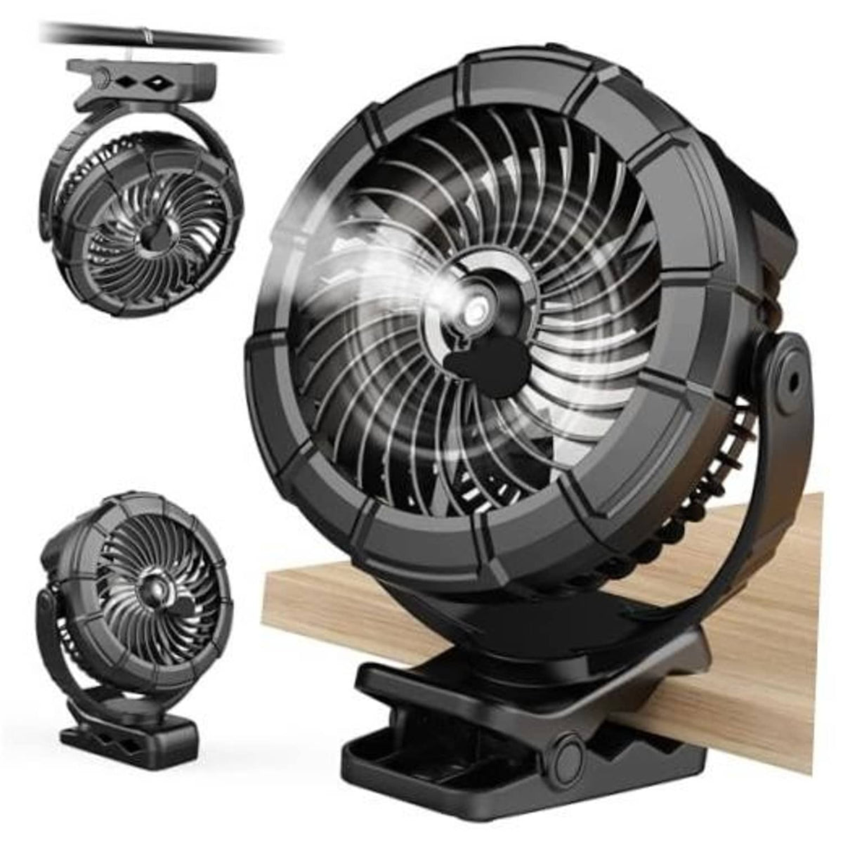 Black clip-on misting fan with rotating fan blades and fold-out base stand