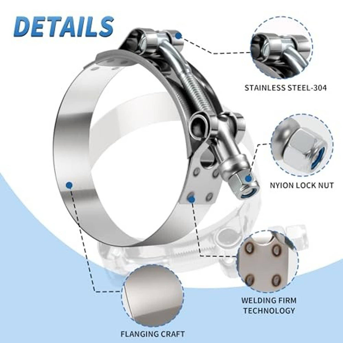 Stainless steel T-bolt hose clamp with nylon lock nut and perforated band