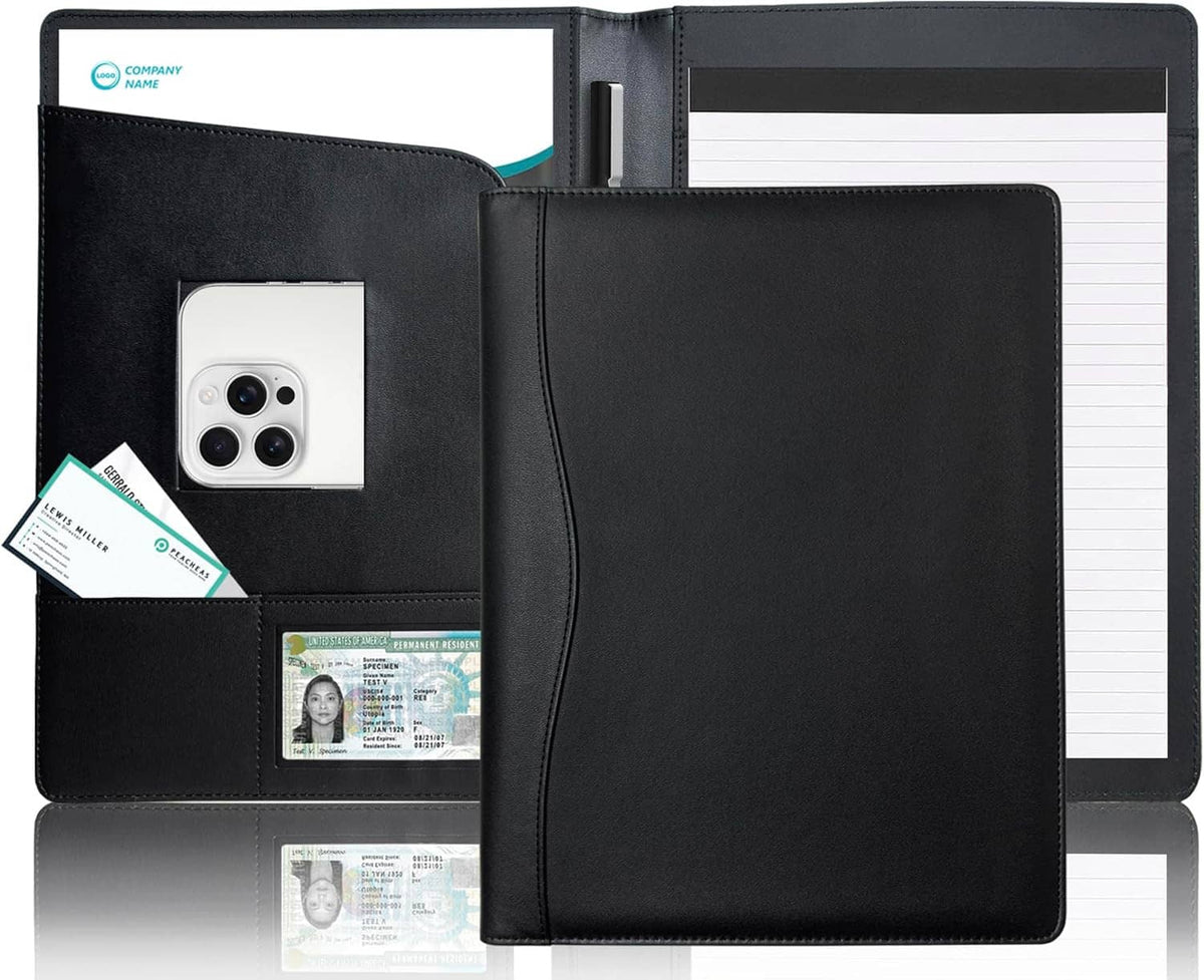 Black faux-leather legal padfolio open with pen slot and card pockets
