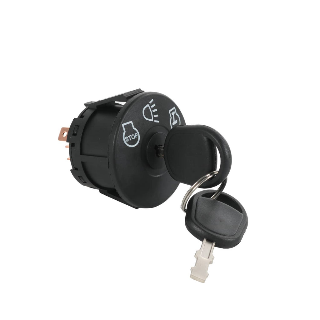 Ignition starter switch with black round body, white icons, and attached keys
