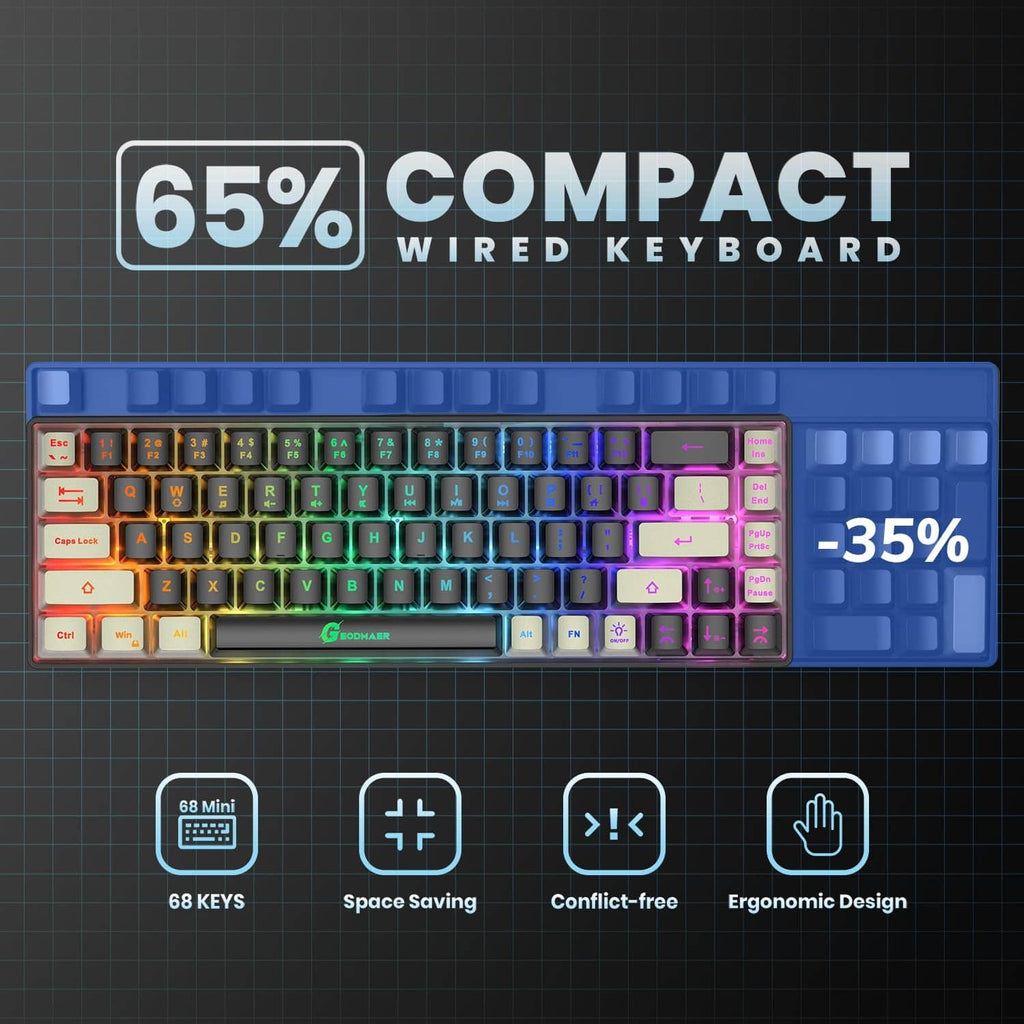 65% wired compact keyboard with RGB backlit keys and a color display layout.