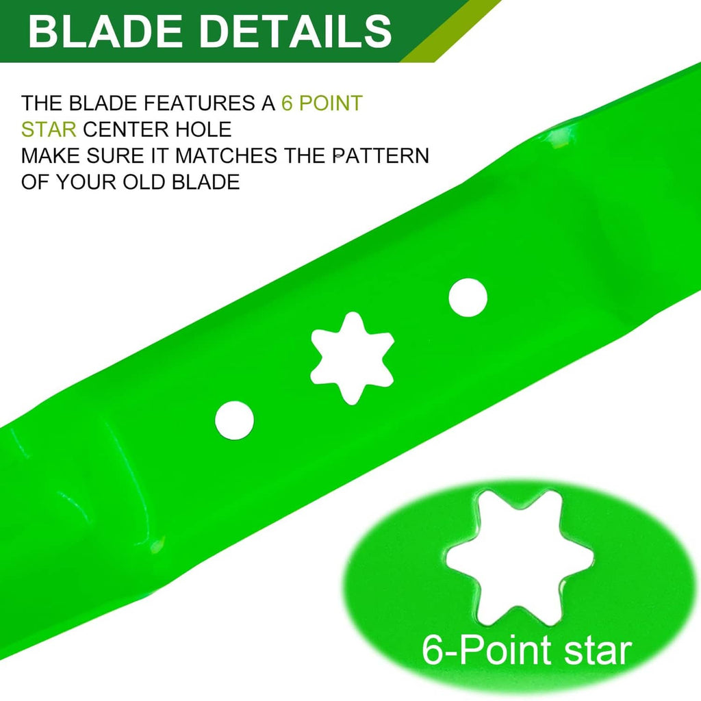 Green mower blade detail with 6-point star center hole and alignment holes