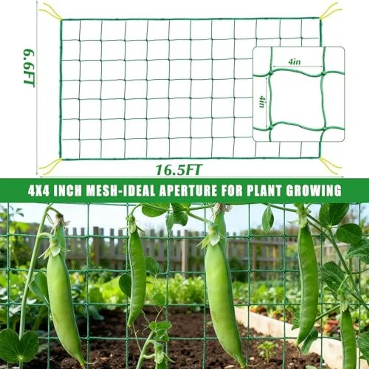 Green trellis netting sheet with square mesh and corner tie detail