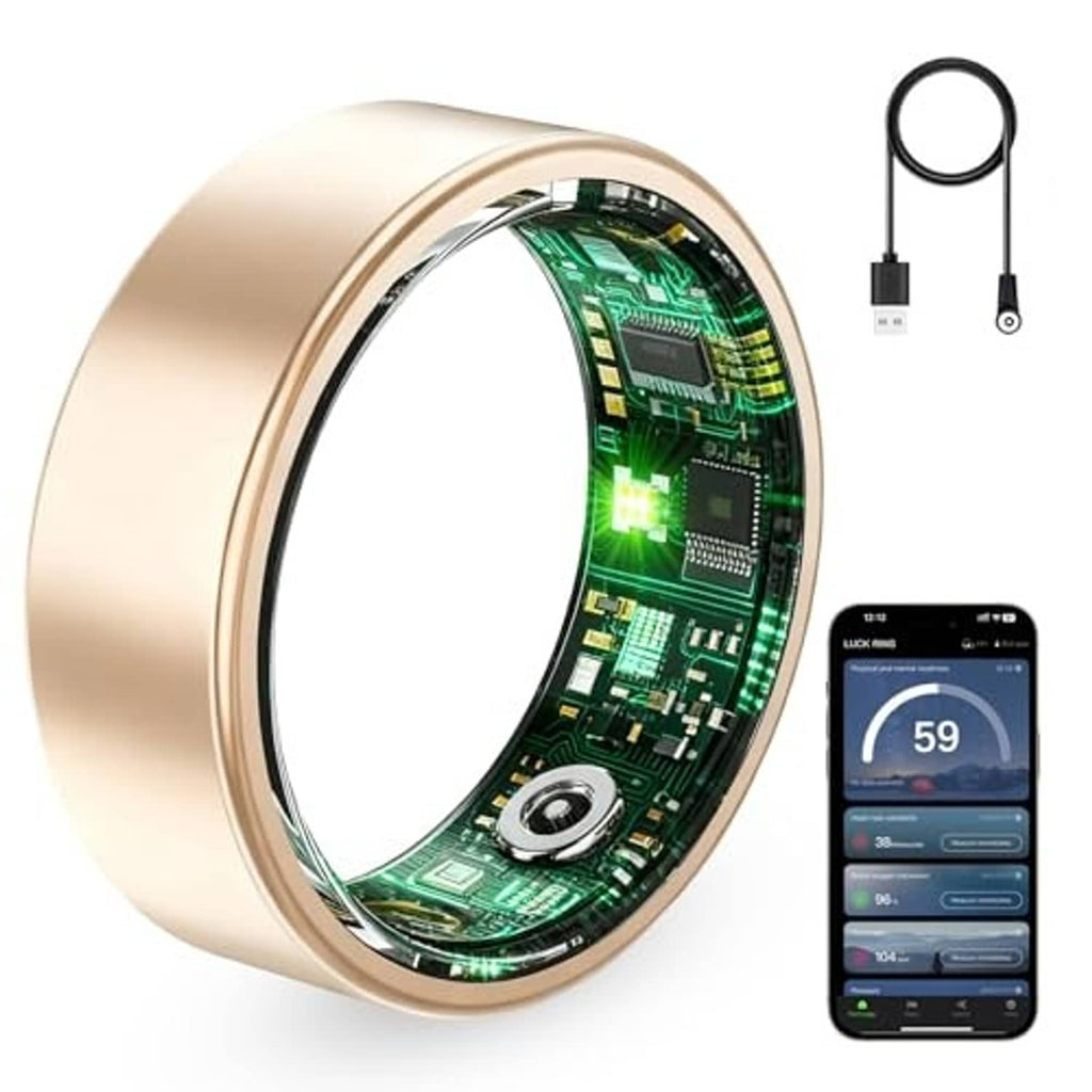 Rose gold smart ring with green sensor window and phone health app screen