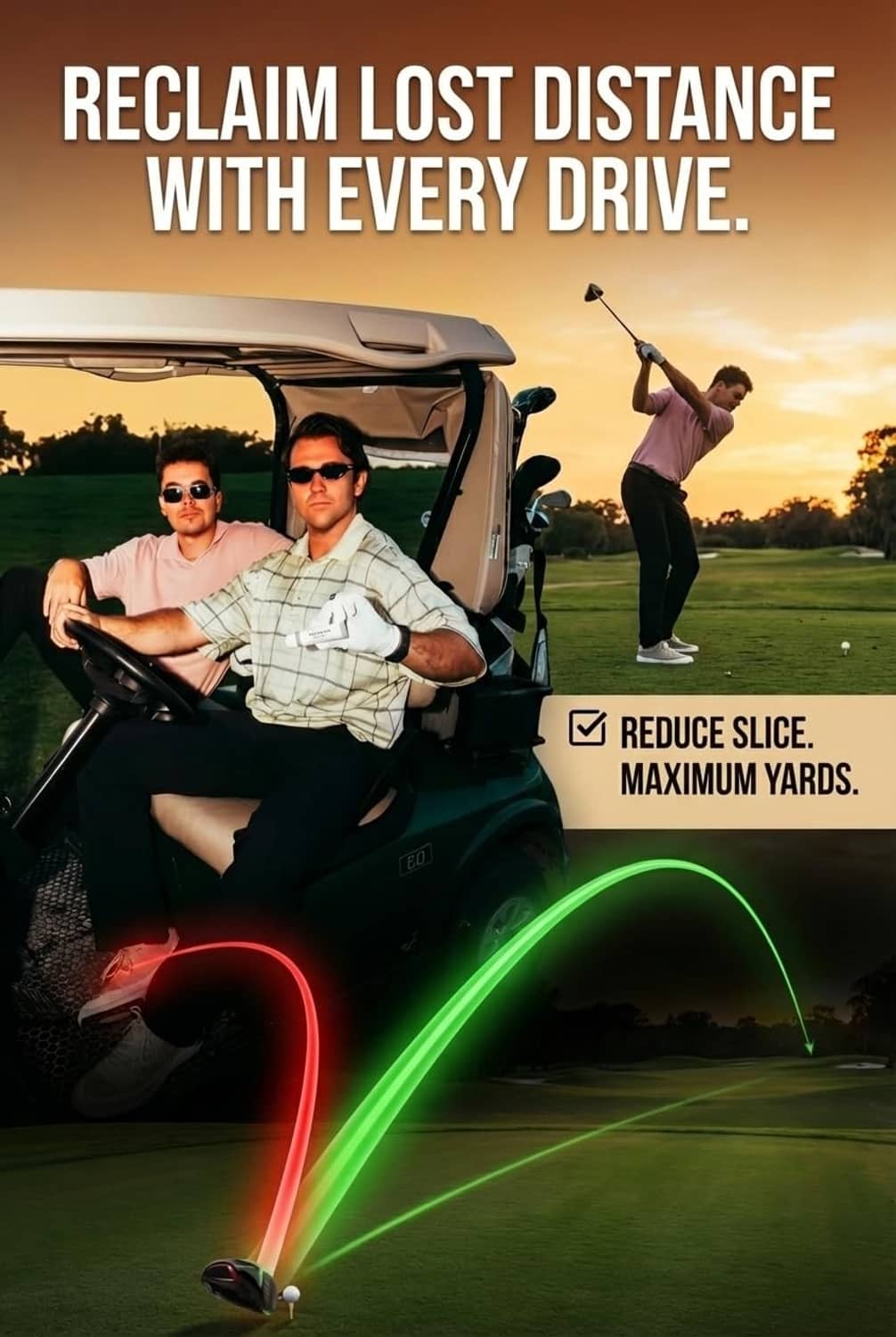 Golf promo graphic featuring a golfer and car, with 'Reduce Slice' arrow overlay