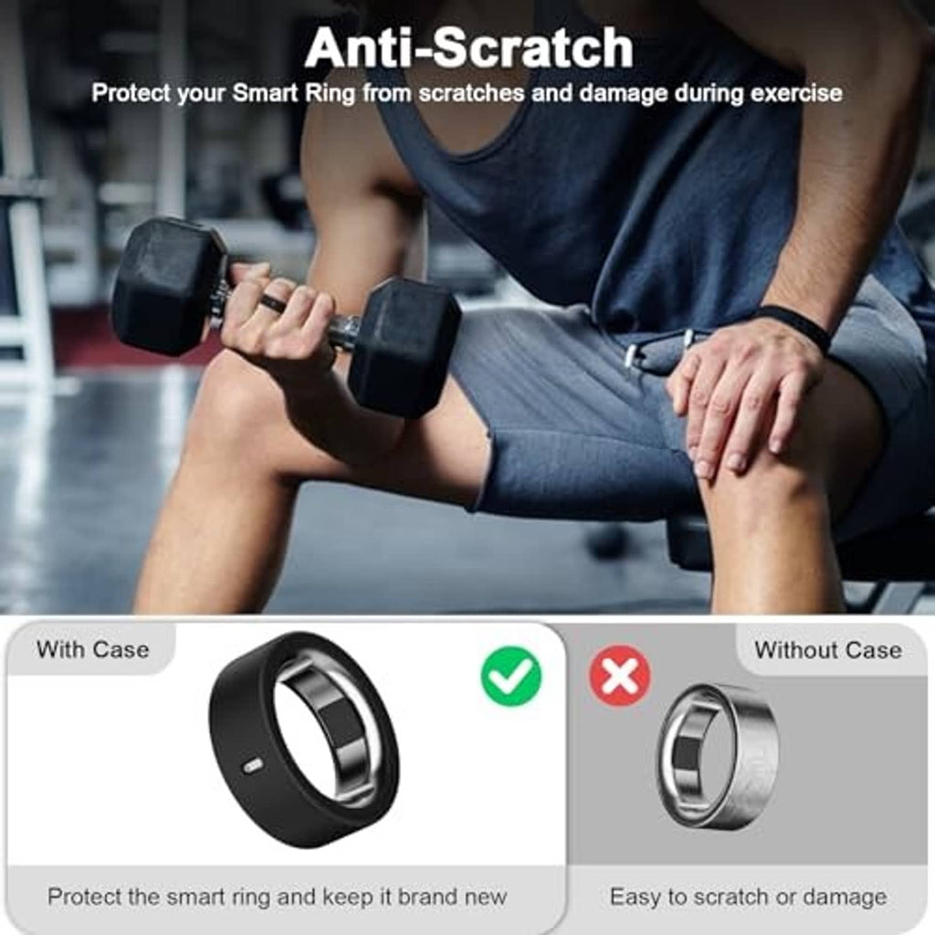 Black silicone ring cover with metal insert, shown with scratch protection concept