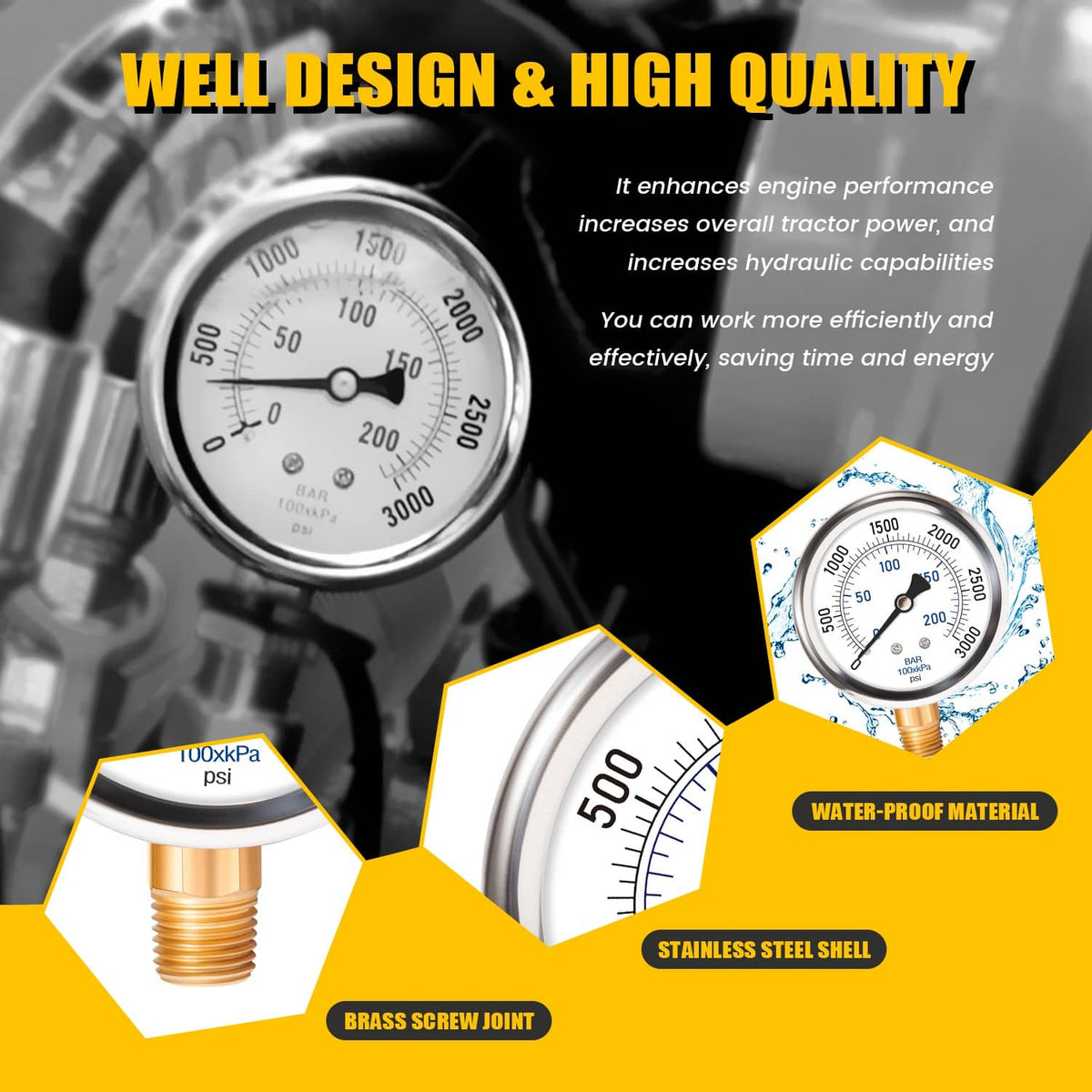 Hydraulic pressure gauge kit with metal dial housing and threaded brass screw joint
