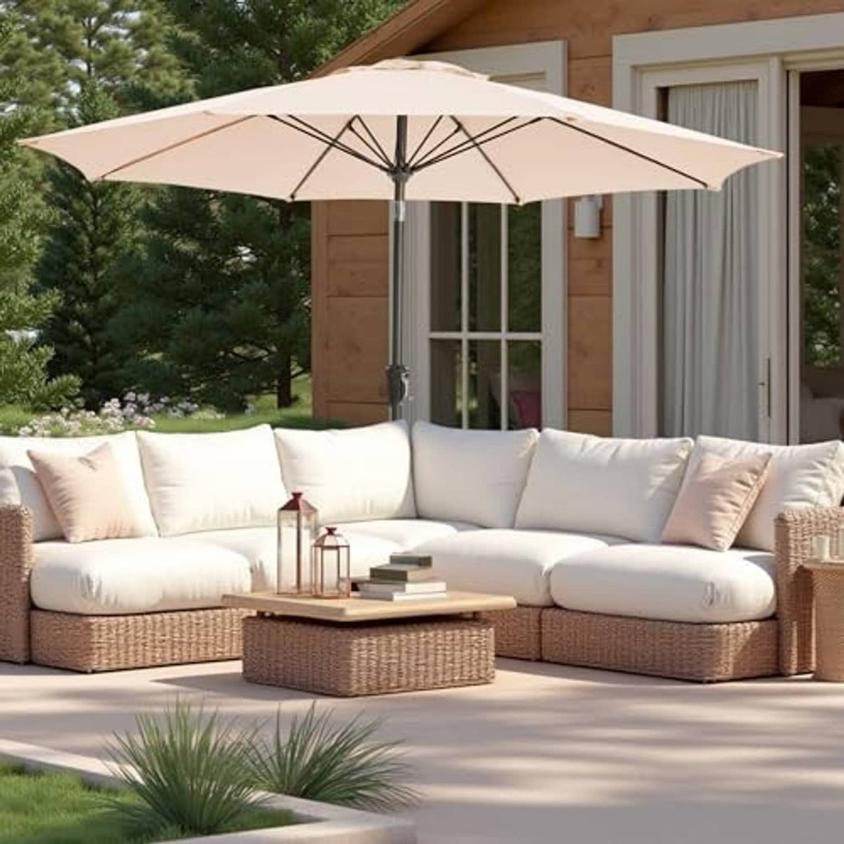 Beige outdoor patio market umbrella with open canopy and vertical pole.