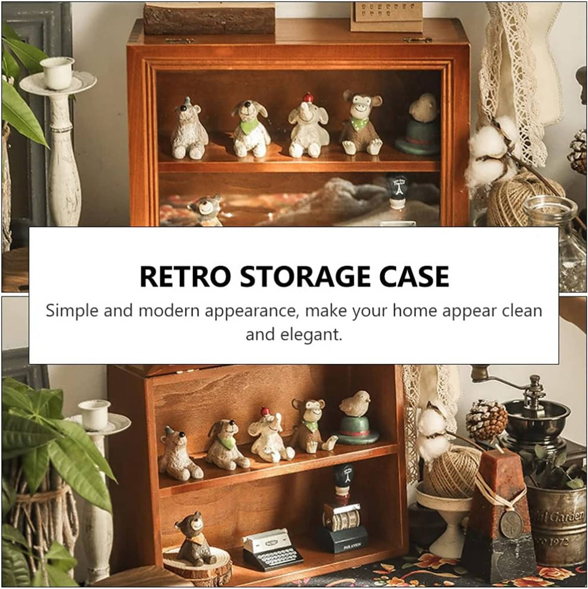 Wooden glass-front display case with shelves filled with figurines and small ornaments