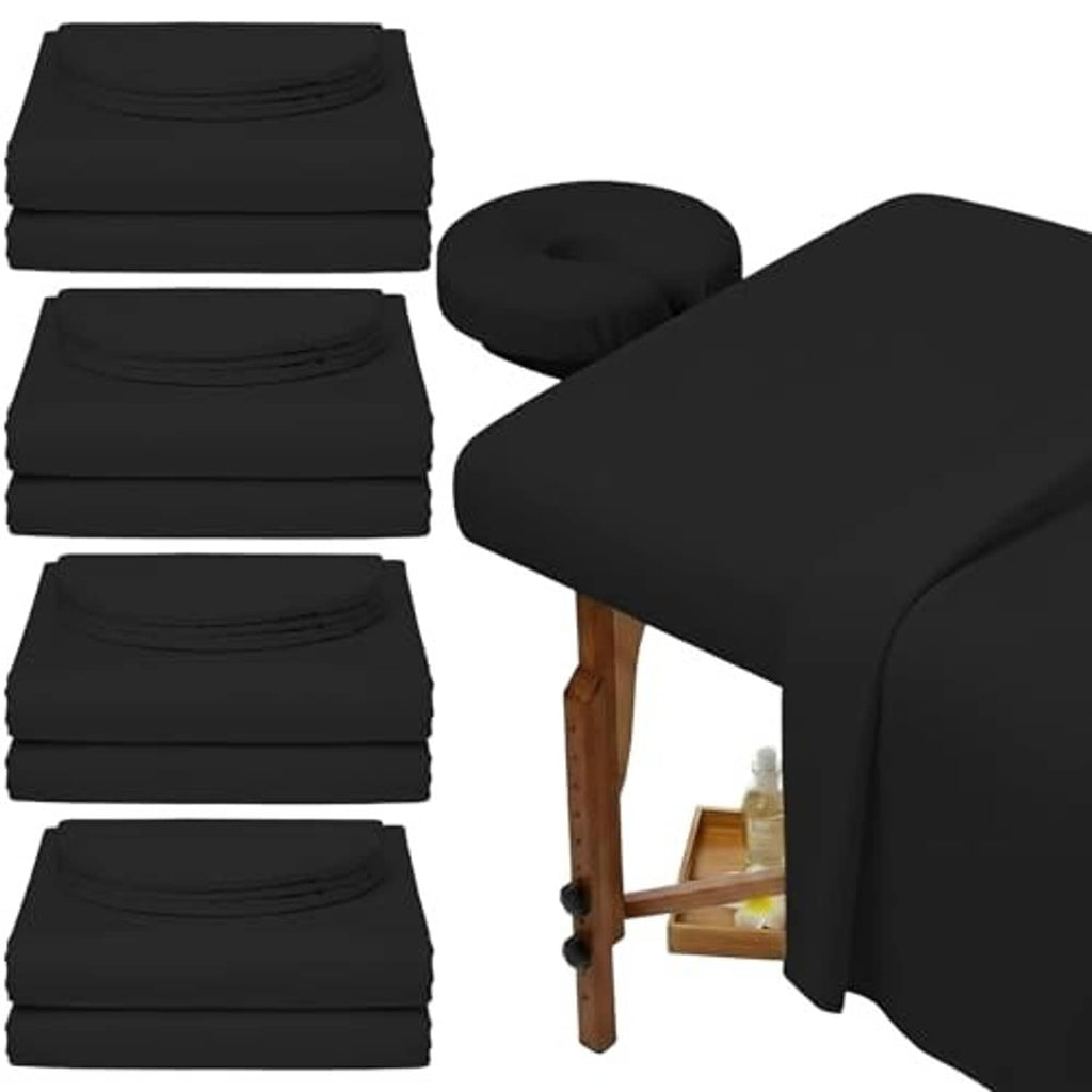 Black massage table sheet set with fitted sheets and face rest cover