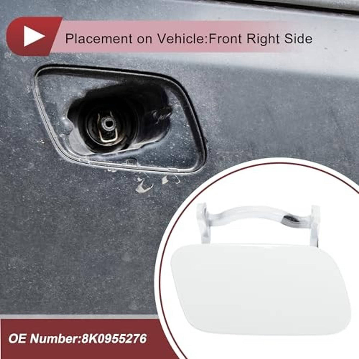 White headlight washer nozzle cover cap and mounting area, front right bumper