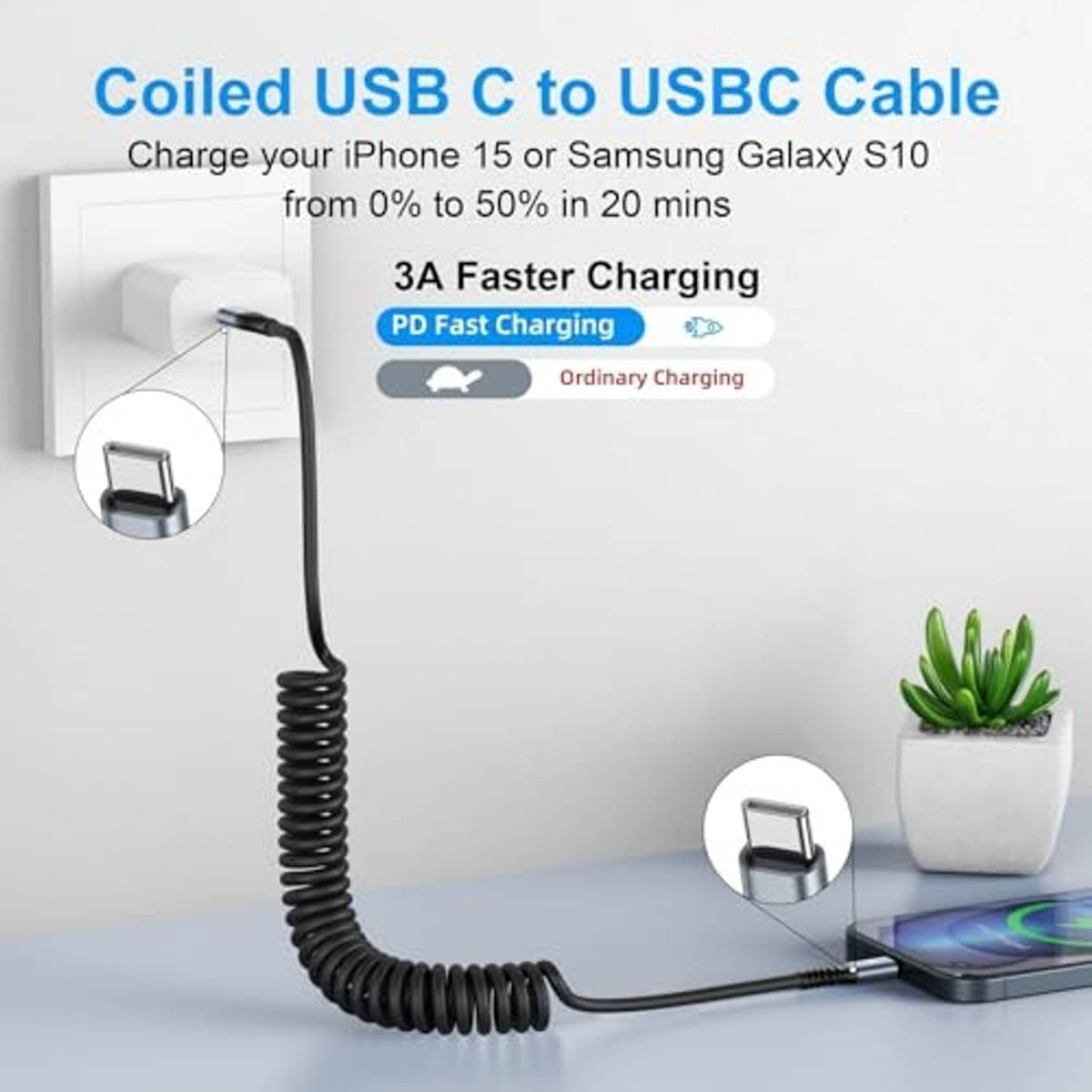 Single black USB-C to USB-C coiled cable with angled connector end