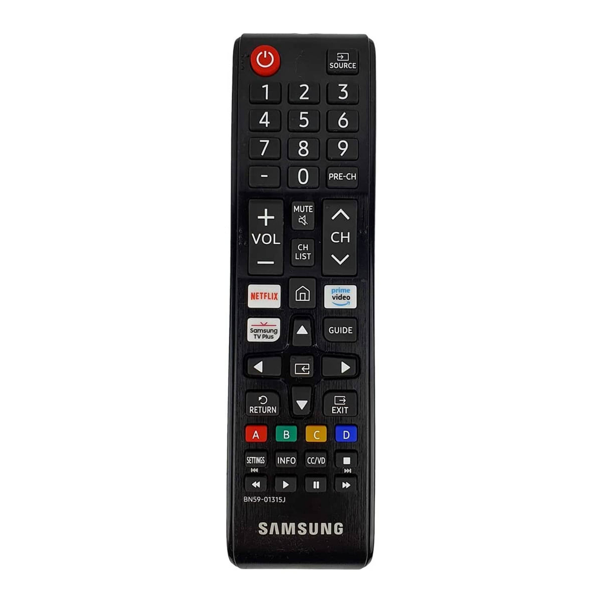 Black Samsung TV remote control with Netflix hotkey and numbered channel buttons