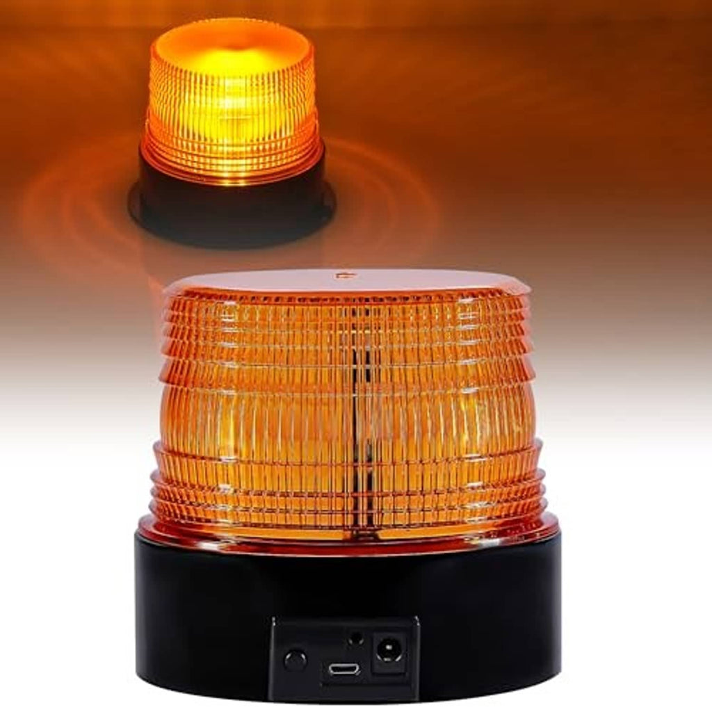 Amber strobe beacon light with amber lens and black base, front charging ports visible