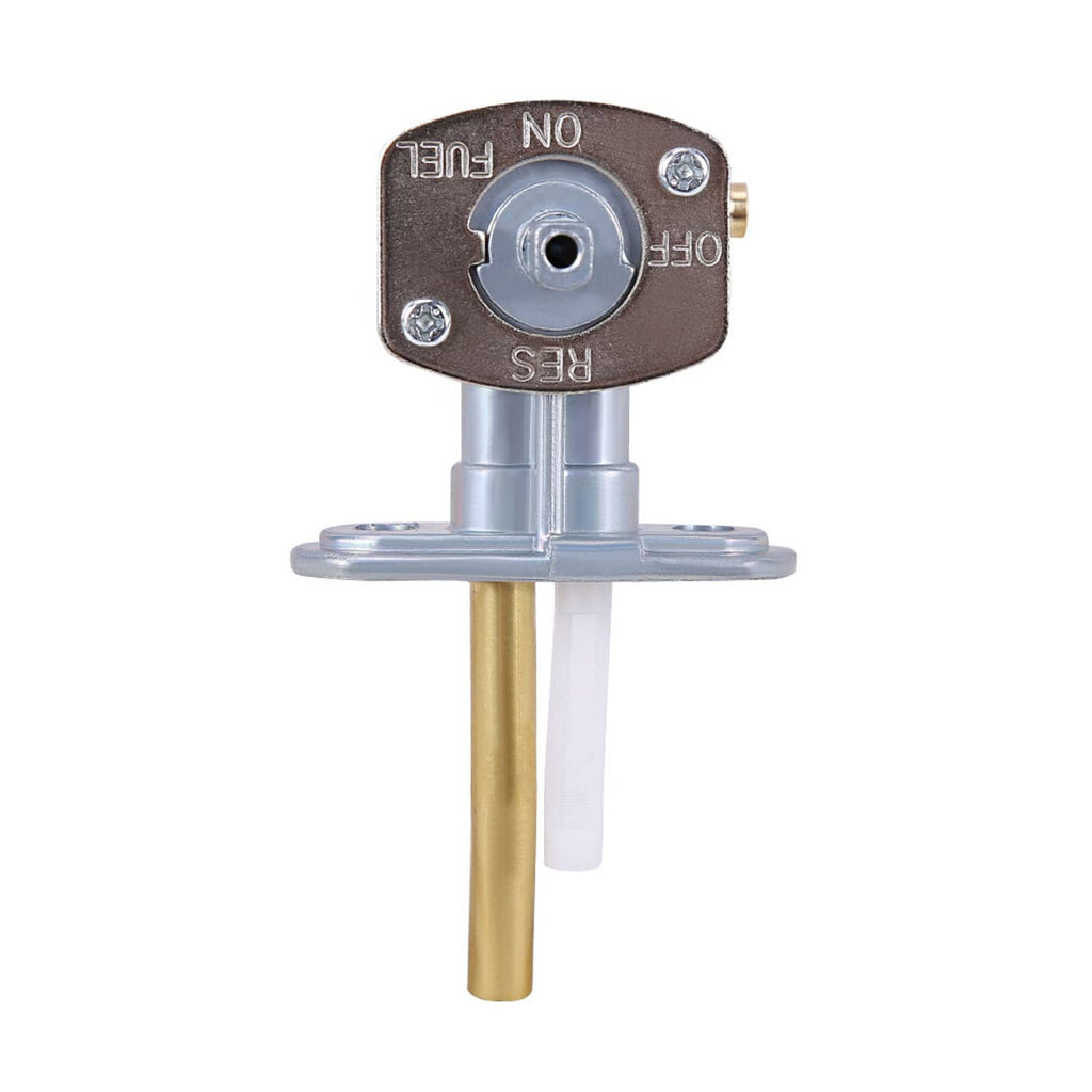 Fuel valve shut-off petcock with RES/NO/OFF markings on metal base and brass stem