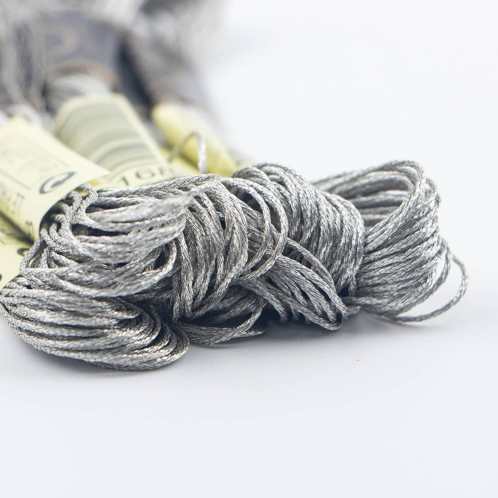 Twisted metallic silver embroidery floss skein close-up