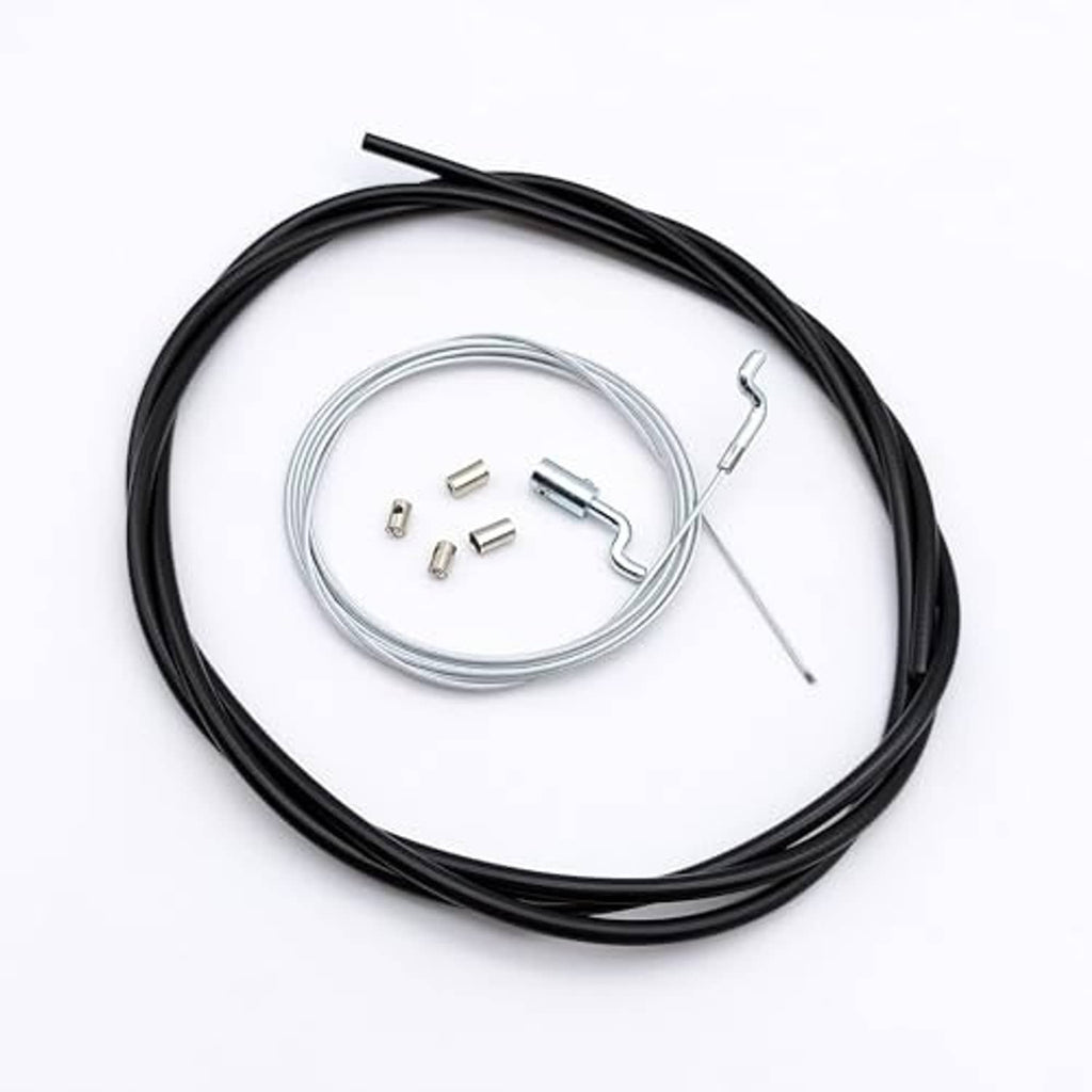 Universal throttle cable repair kit with black housing, steel cable, and small fittings