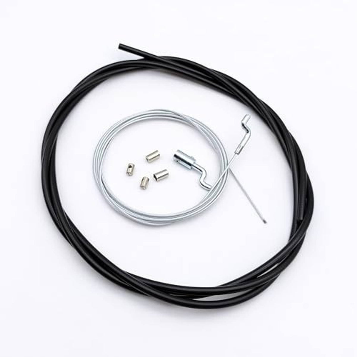 Universal throttle cable repair kit with black housing, steel cable, and small fittings