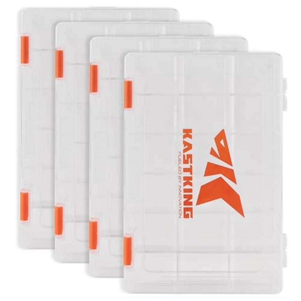 Clear tackle tray set with orange latch tabs, stacked in a protective white case.