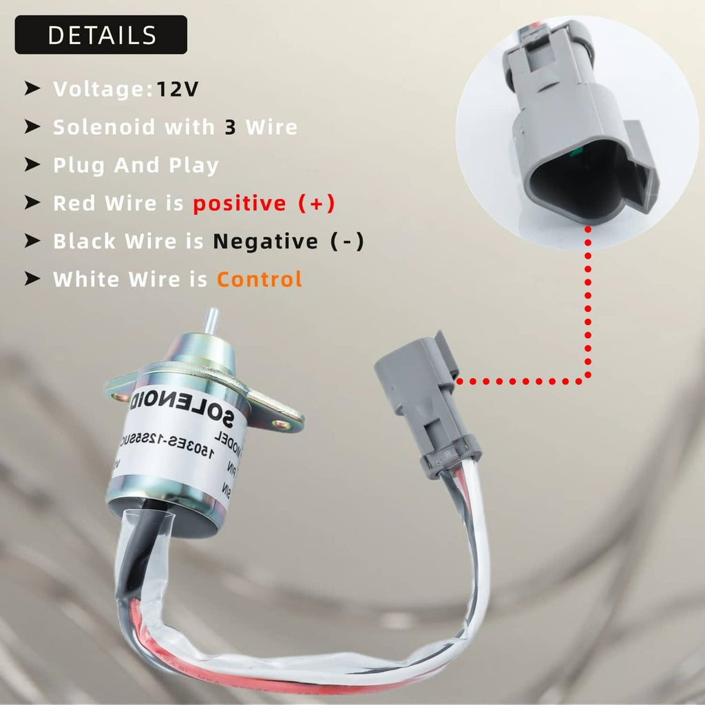 Fuel shut off solenoid with gray connector; red, black, and white wire leads