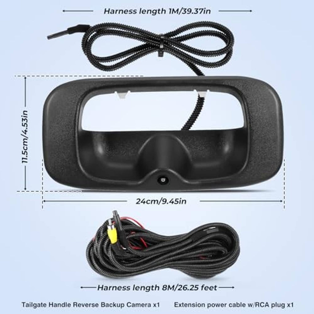 Tailgate handle backup camera with size diagram for housing and wiring harness lengths
