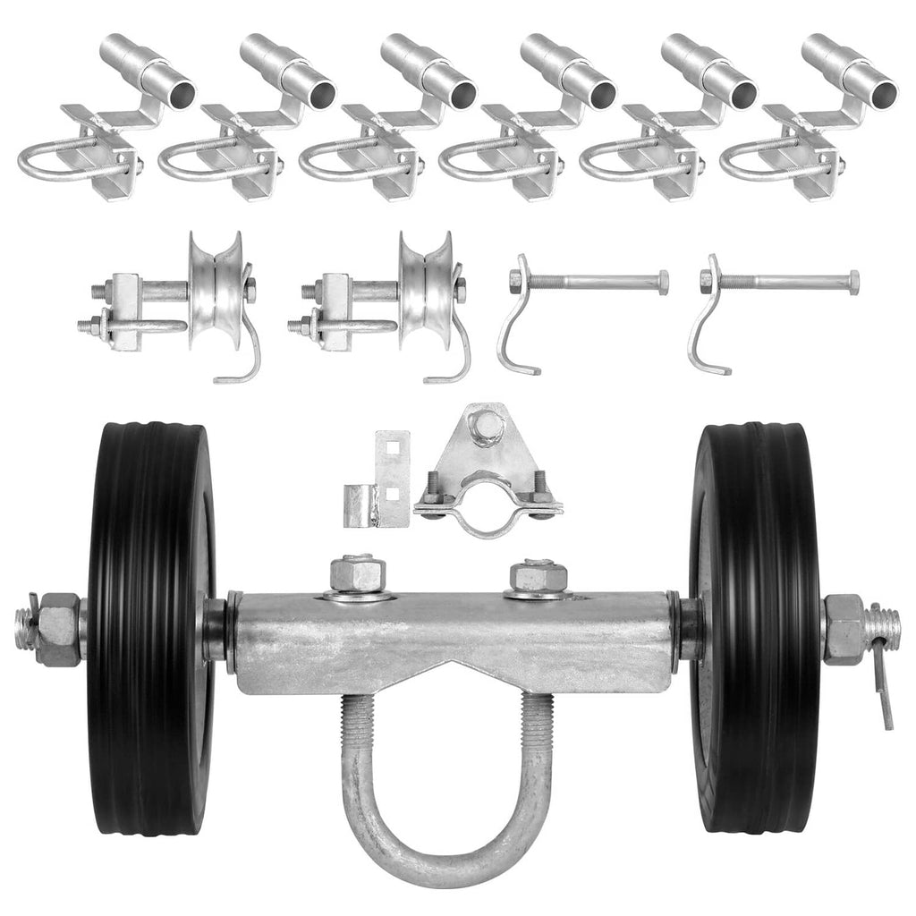 Heavy-duty sliding gate roller kit with black caster wheels and steel track brackets