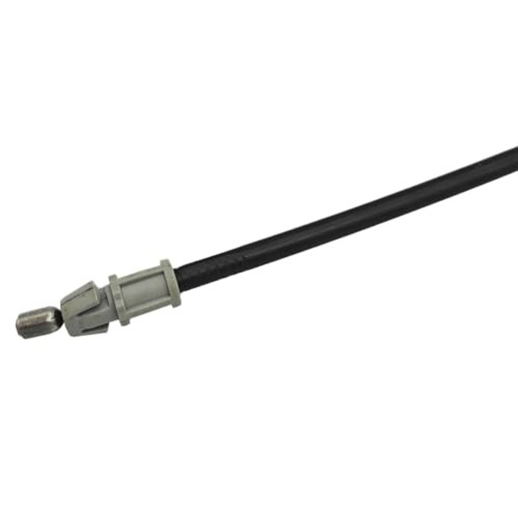Hood release cable end connector with black cable and metal fittings