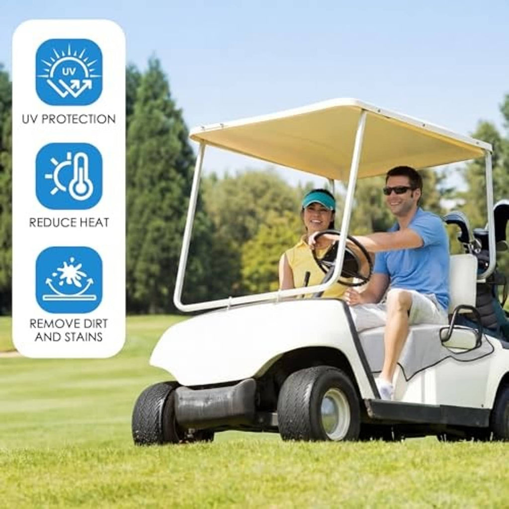 White golf cart seat cover with UV protection icons on a covered golf cart seat