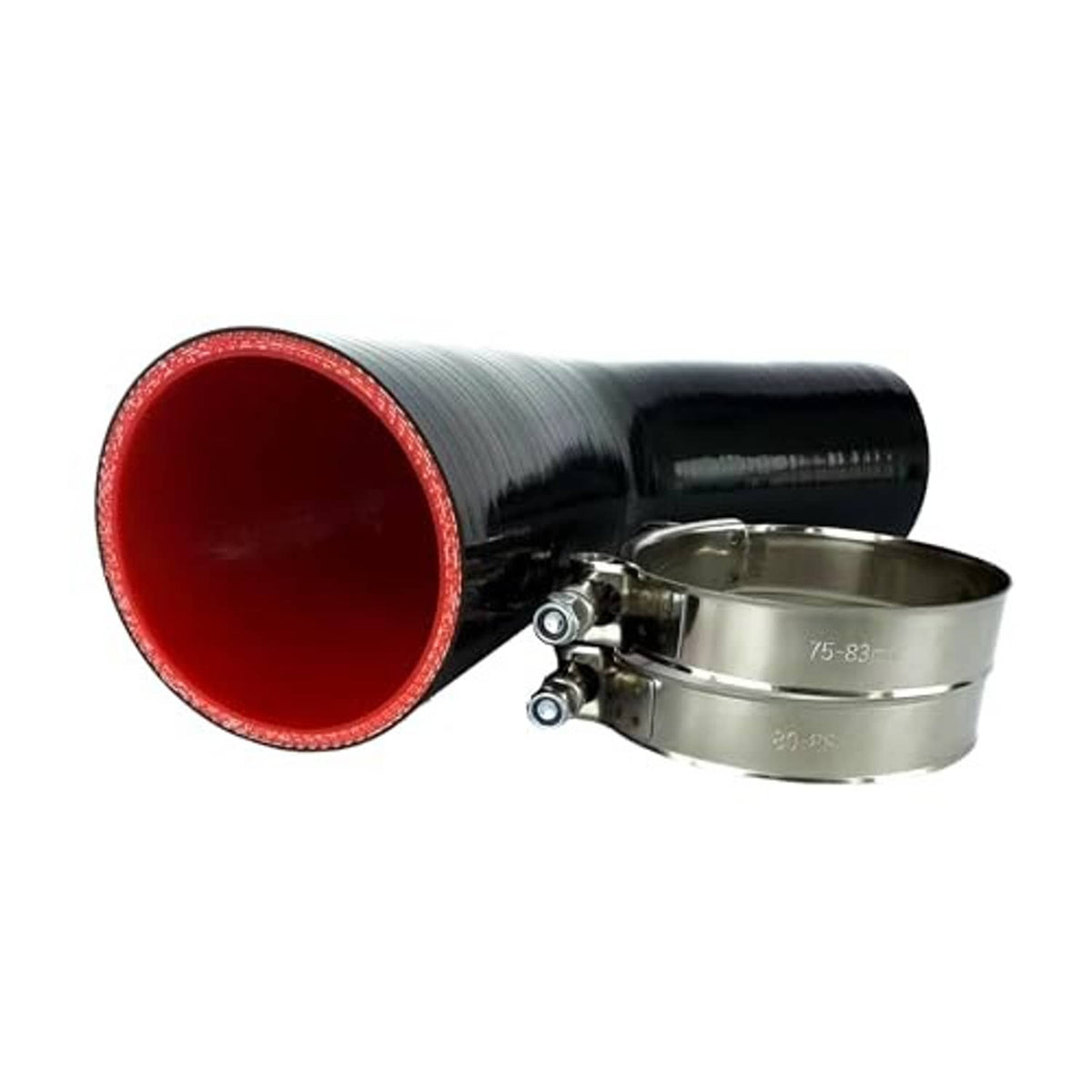 Black elbow hose coupler with red inner end and stainless clamp band at side