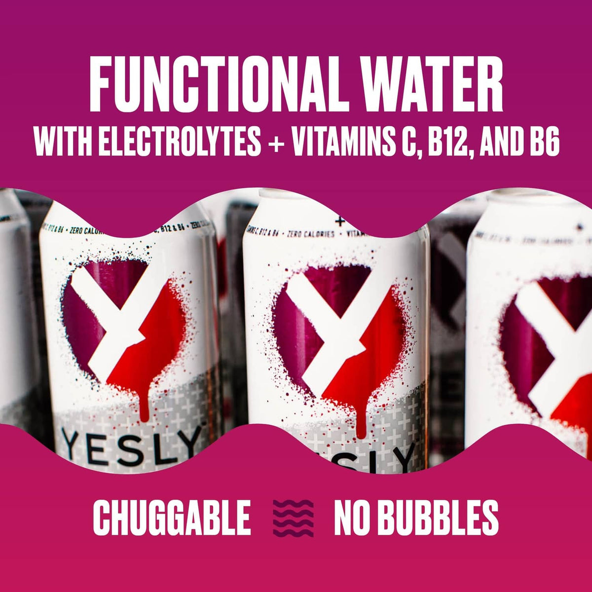 Functional water cans with Black Cherry flavor text, chuggable, no bubbles graphic