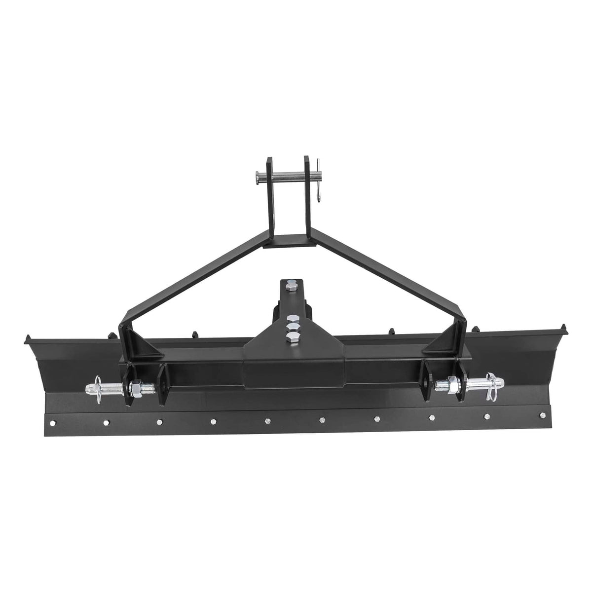 Black rear grading blade scraper with 3-point hitch frame and wide blade edge