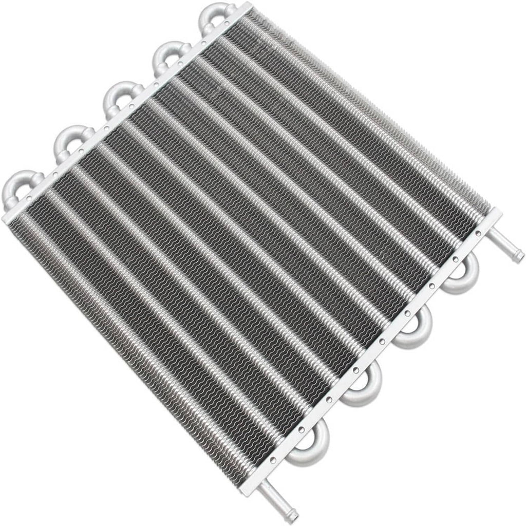 Aluminum oil cooler radiator heat exchanger with mounting rings and finned core