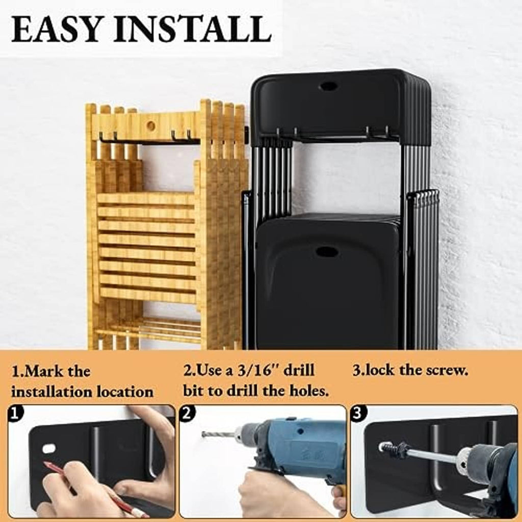 Wall-mounted folding chair storage rack with black base and hooks, shown for easy install