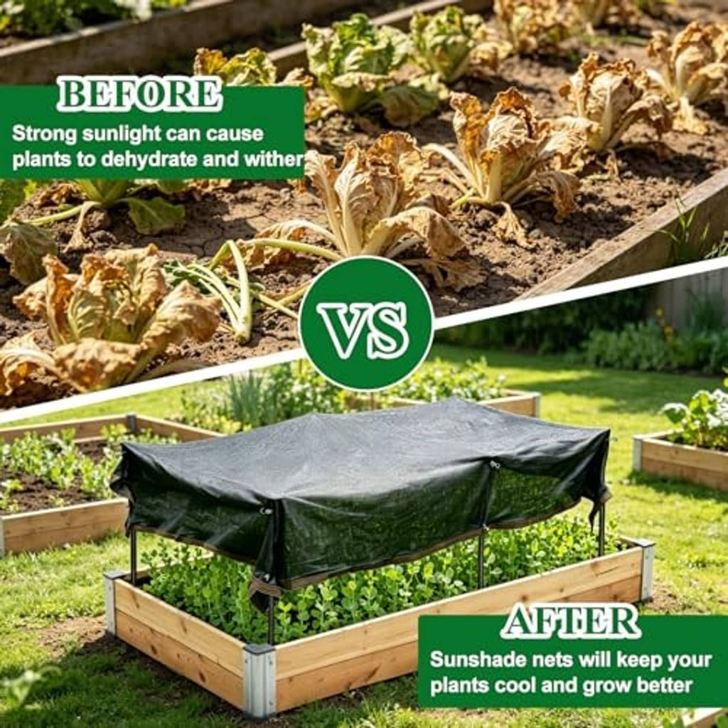 Raised garden bed covered by dark sunshade net canopy with leafy plants