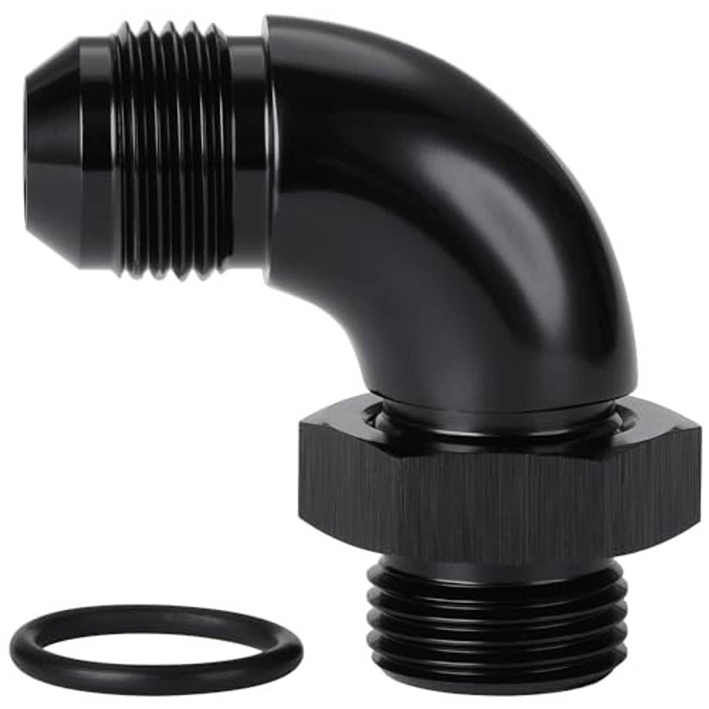 Black 90-degree AN ORB male elbow fitting, threaded ends and O-ring seal