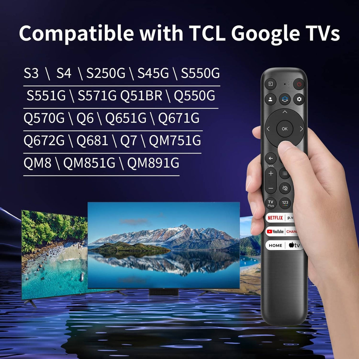 Black TV remote in a hand, with OK button and channel shortcut icons
