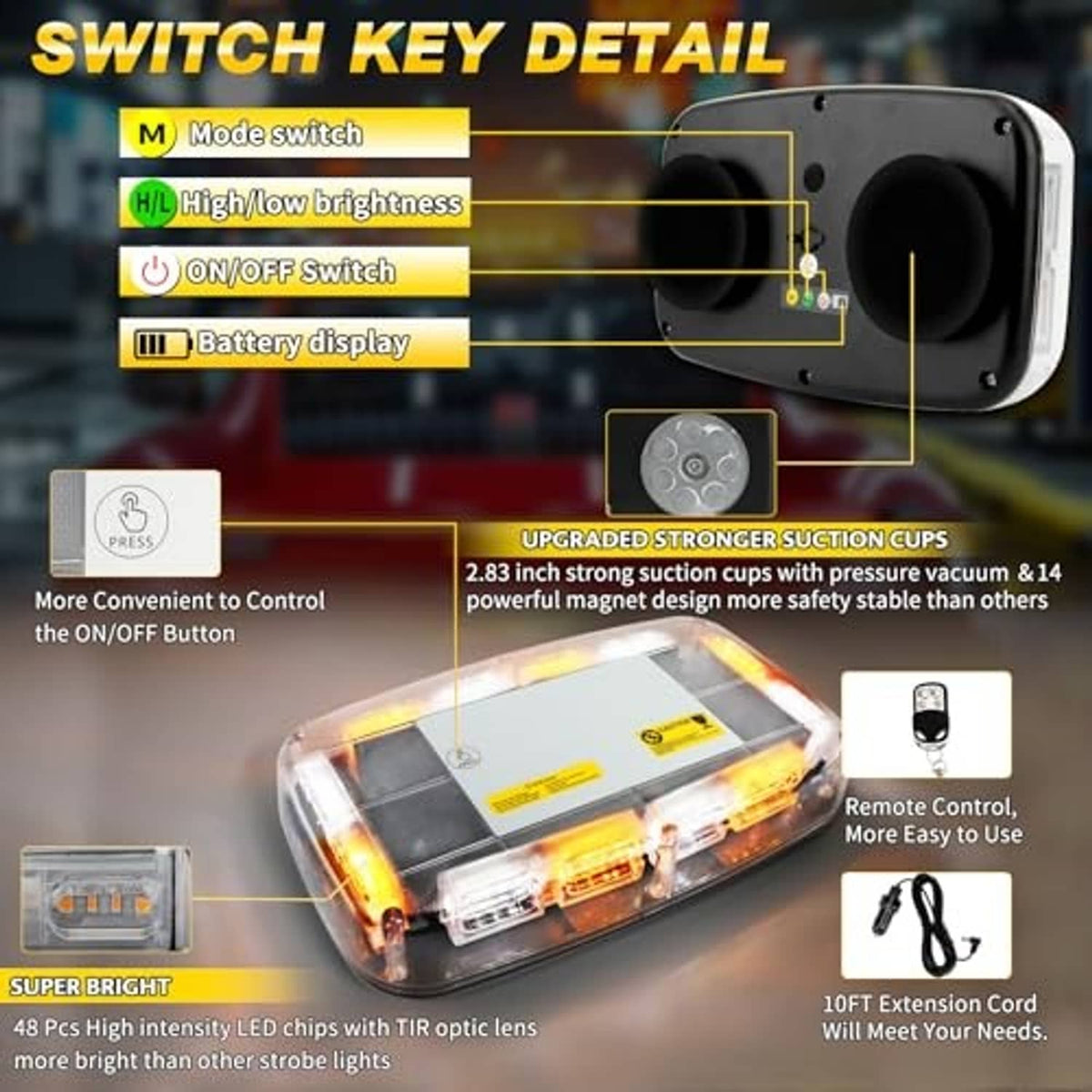 Roof strobe light with control panel, remote, and suction-cup mounting