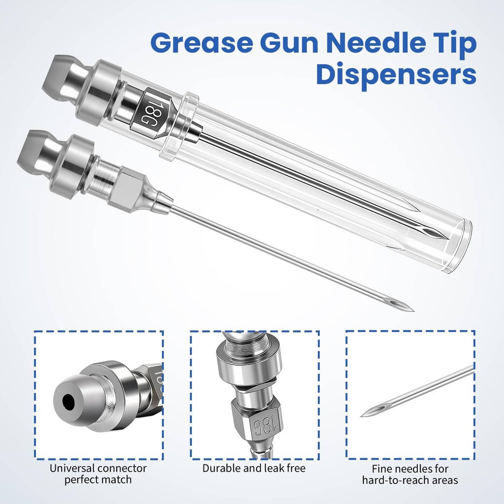 Grease gun needle tip dispensers with clear metal bodies and fine pointed needles