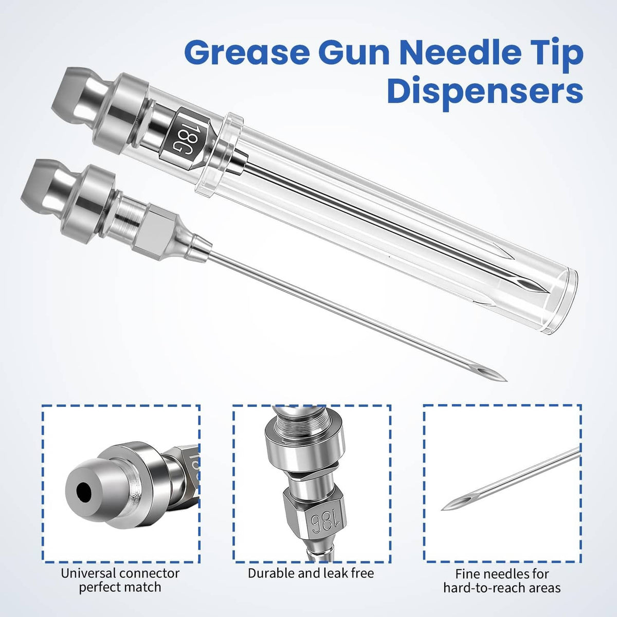 Grease gun needle tip dispensers with clear metal bodies and fine pointed needles