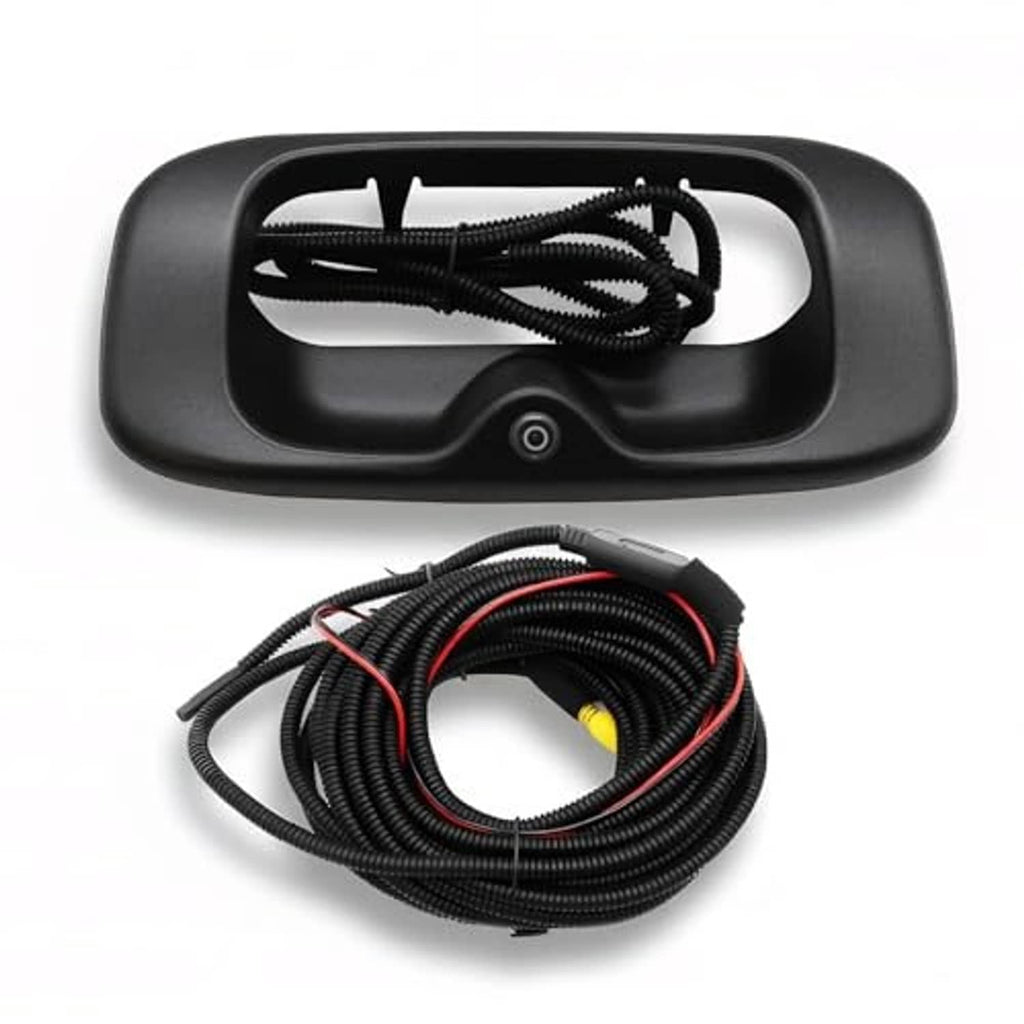 Tailgate handle backup camera with coiled wiring cables and round lens on black housing