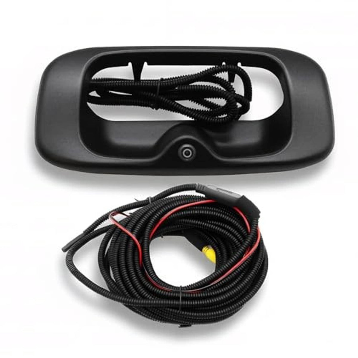 Tailgate handle backup camera with coiled wiring cables and round lens on black housing