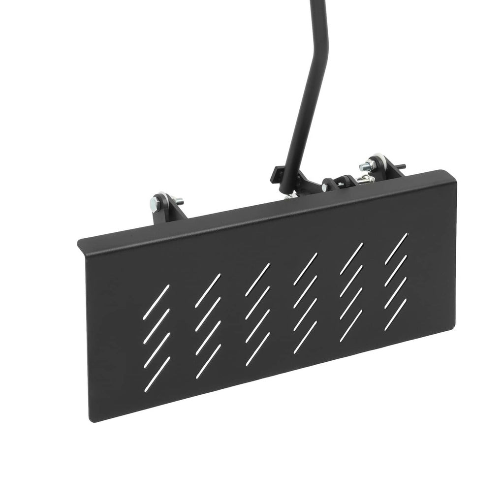 Black mower discharge shield with vented plate and spring-mounted bracket