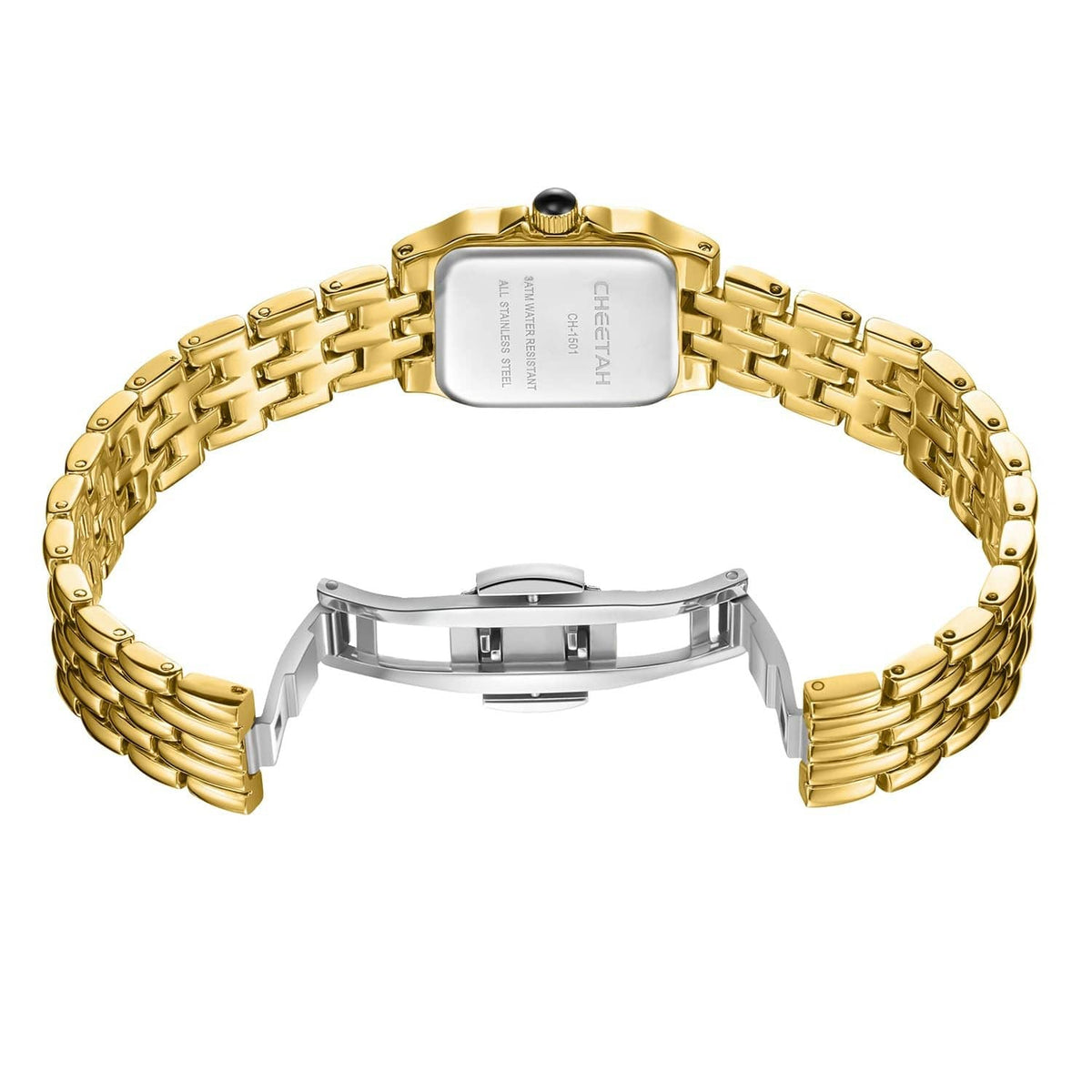 Gold-tone square wristwatch with clasp and linked bracelet, reverse view