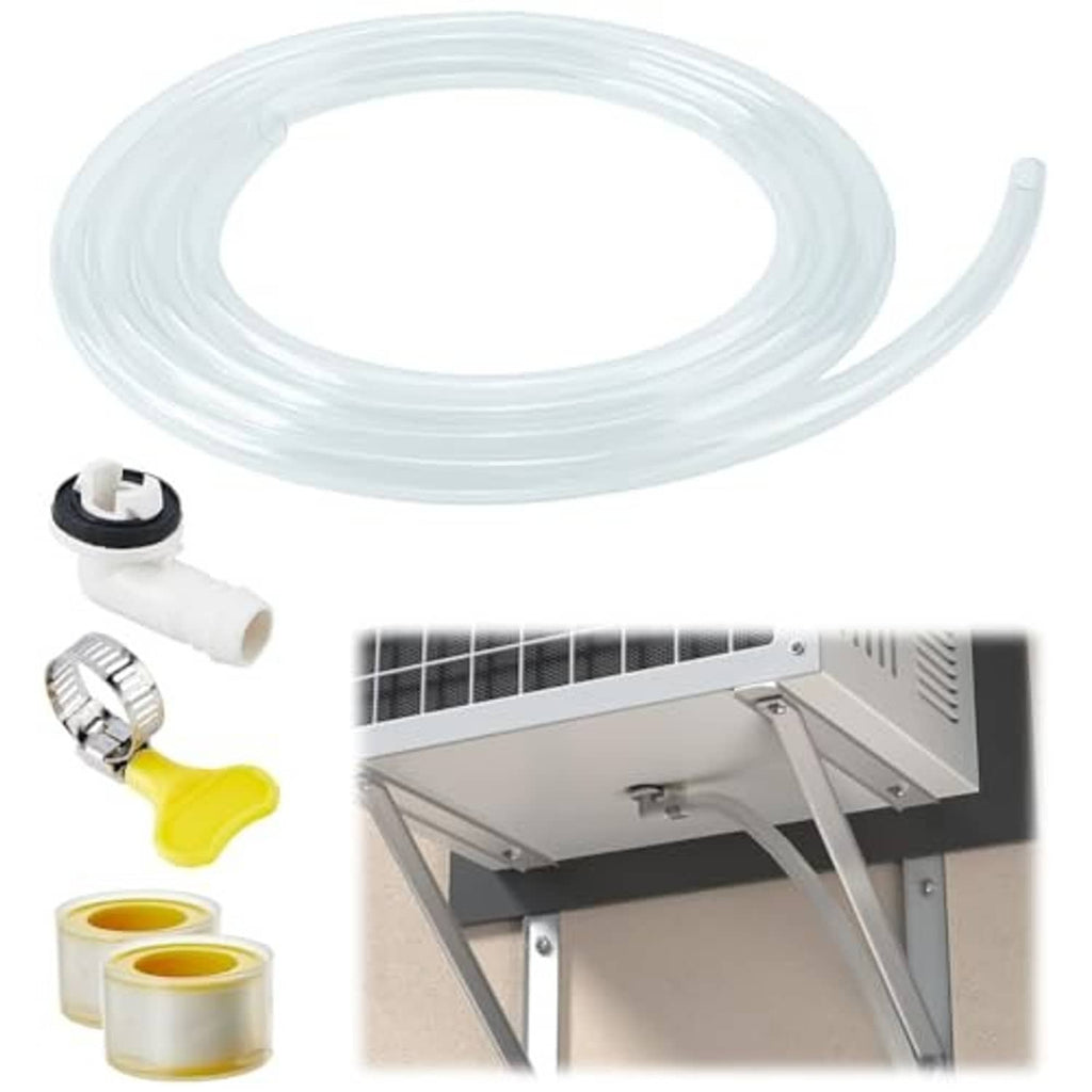 Clear portable AC drain hose with fittings and yellow-tipped connector pieces