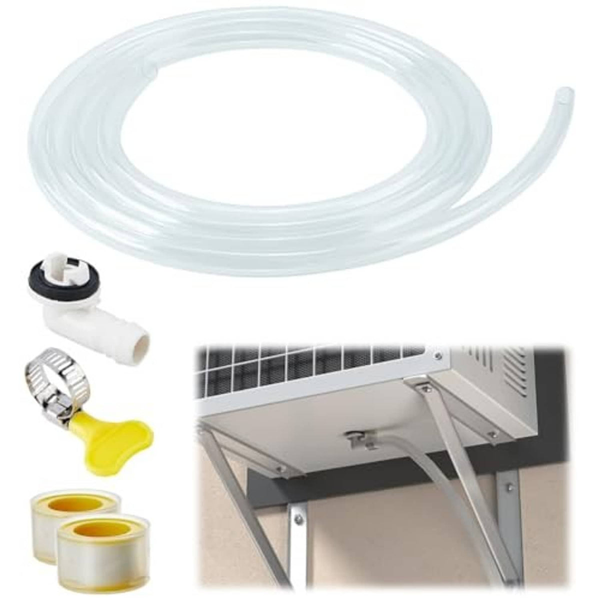 Clear portable AC drain hose with fittings and yellow-tipped connector pieces