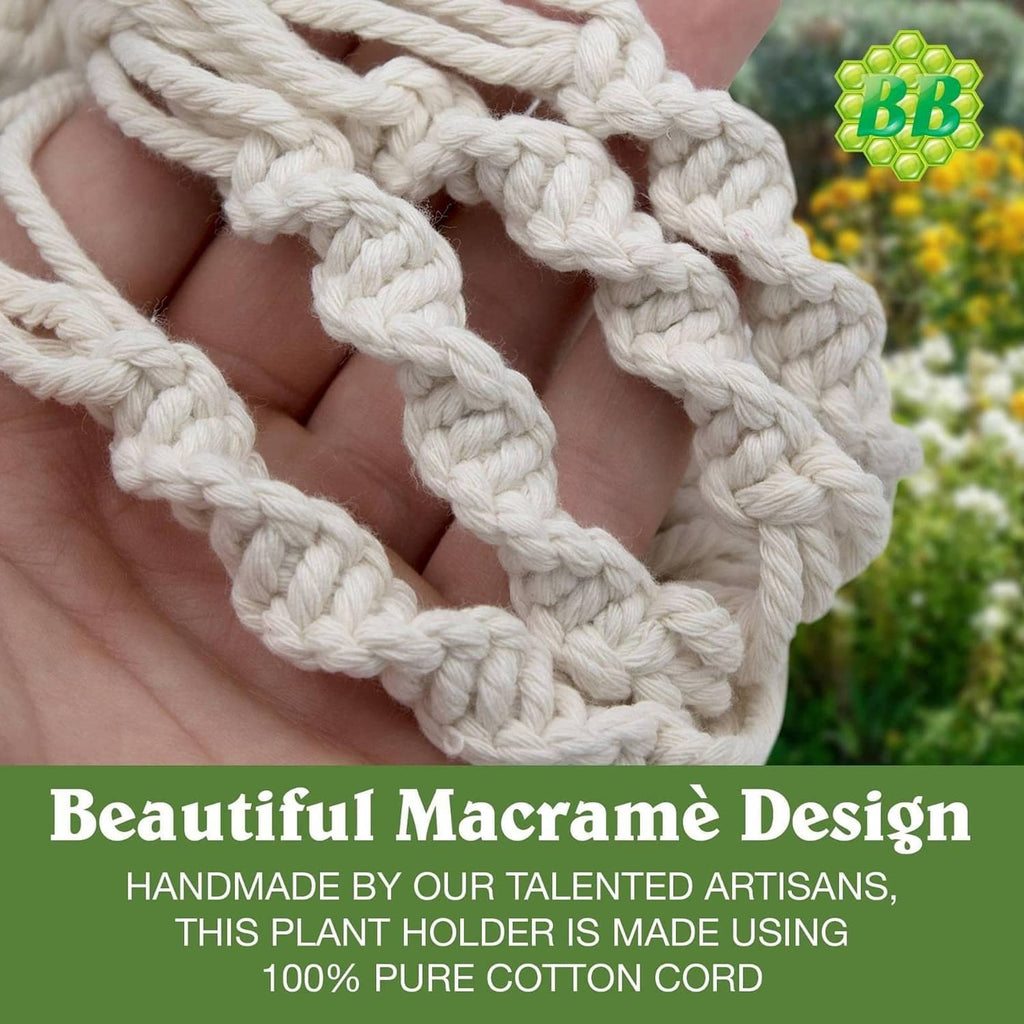 Close-up of off-white macrame rope weave with braided loops for a plant hanger basket