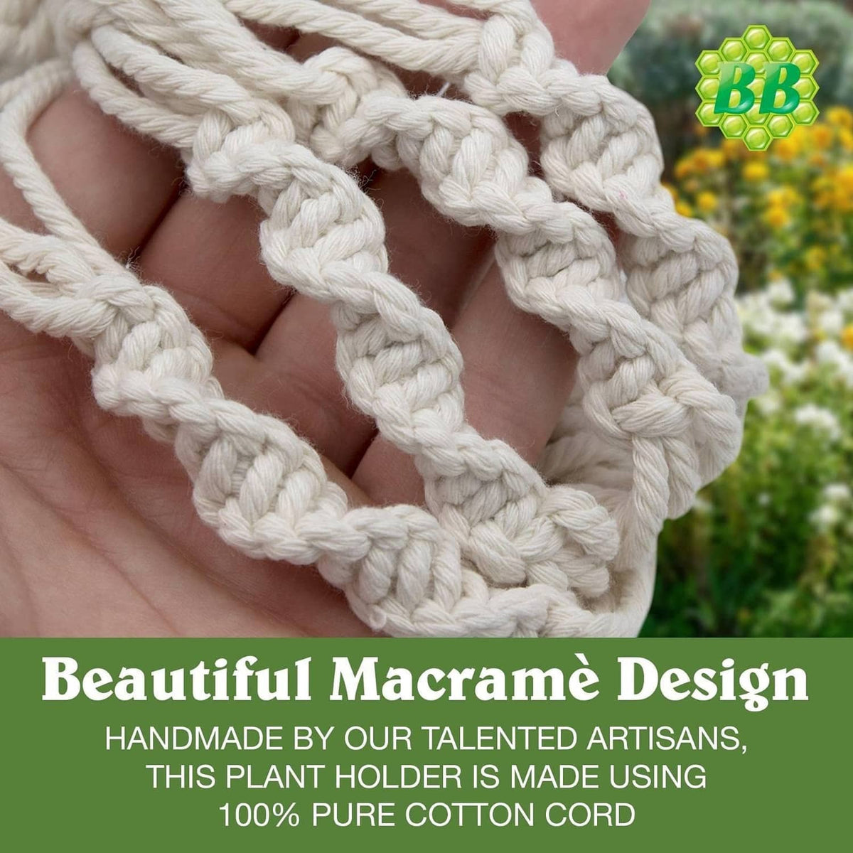 Close-up of off-white macrame rope weave with braided loops for a plant hanger basket
