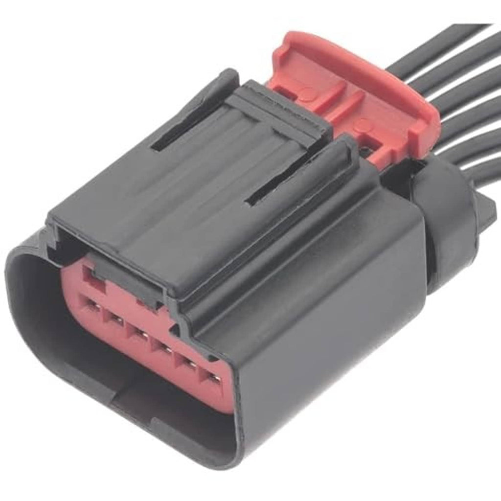 Seat recline motor wiring connector with red latch and multi-pin socket, angled view