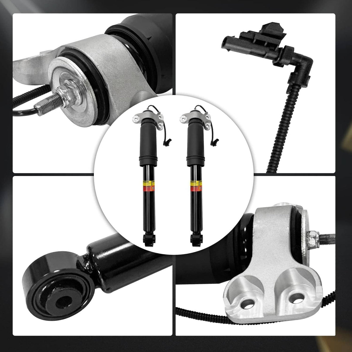 Black rear shock absorber struts with bolts, brackets, and sensor/connector cables