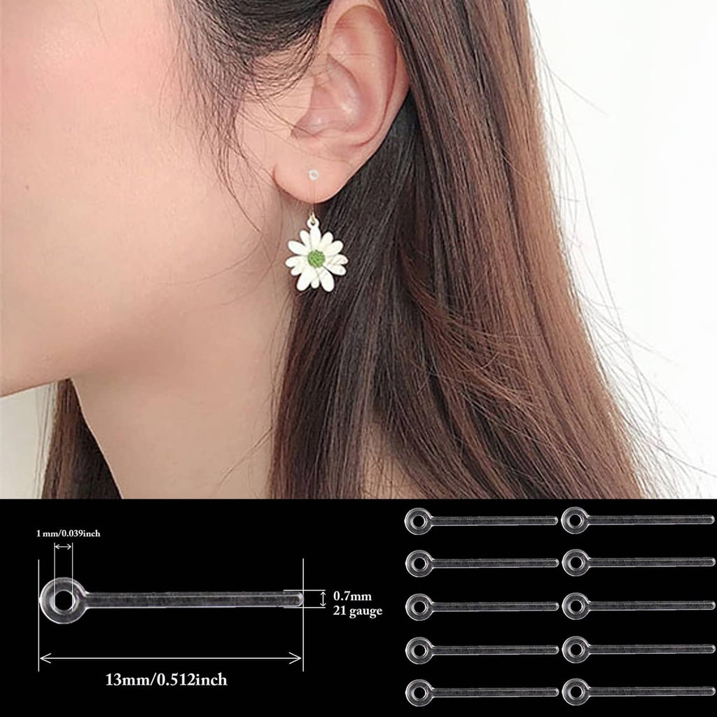 Ear with small daisy stud and parallel-ring earring post size diagram